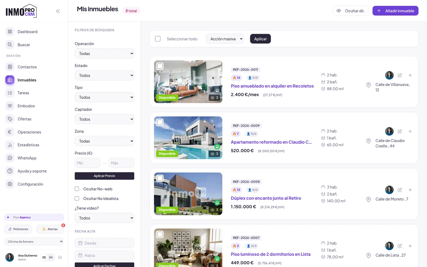Listado de inmuebles en un CRM inmobiliario gratuito