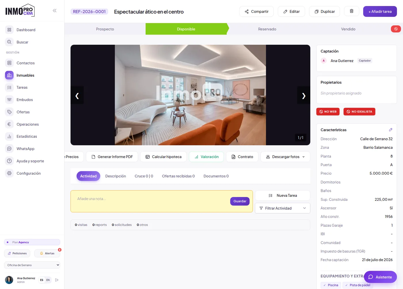 Ficha de inmueble en el CRM con fotos, características y precio